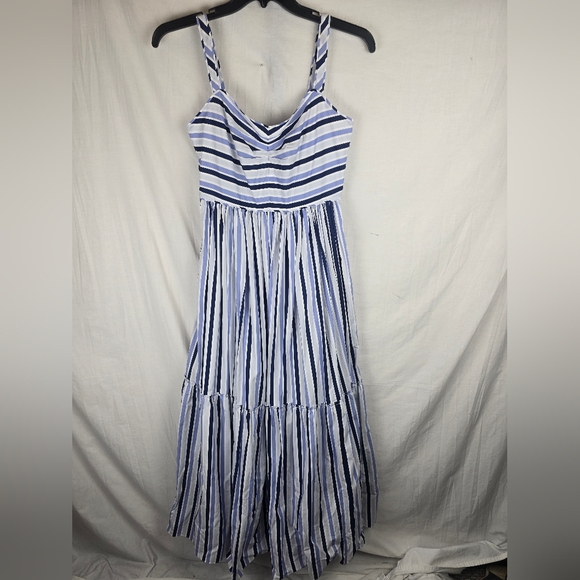 J.Crew Shirting Striped Tiered Multi Blue and White Cotton Maxi Dress Sz 4 Tall - Picture 3 of 12